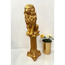 Libre Design Dekoratif 53 cm Gold Altın Aslan ve Sütun Set Ev Balkon Bahçe Dekorasyon Biblo Heykel