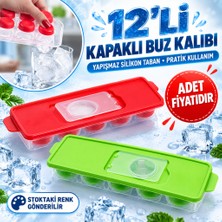 Popüler Sepet 12LI Kapaklı Yapışmaz Silikon Tabanlı Plastik Küp Buz Kalıbı - Stokta Olan Renk Gönderilir