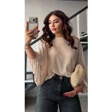 Elisin Taş Kayık Yaka Yarasa Kol Yarı Transparan Bluz