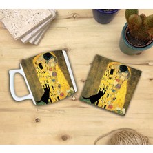 Harikapoli Kediler ve Sanat/gustav Klimt The Kiss  Set 10 - Yelken Fincan Kupa-Taş Bardak Altlığı 4
