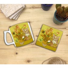 Harikapoli Kediler ve Sanat/van Gogh Set 10 - Vase With Fifteen Sunflowers (Onbeş Ayçiçekli Vazo) Yelken Fincan Kupa-Taş Bardak Altlığı 10