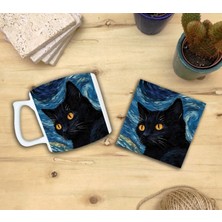 Harikapoli Kediler ve Sanat/van Gogh Yıldızlı Gece The Starry Night Set 10 - Yelken Fincan Kupa-Taş Bardak Altlığı 6