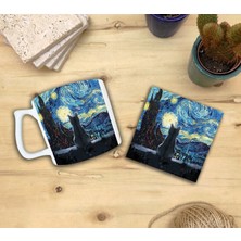 Harikapoli Kediler ve Sanat/van Gogh Yıldızlı Gece The Starry Night Set 10 - Yelken Fincan Kupa-Taş Bardak Altlığı 1