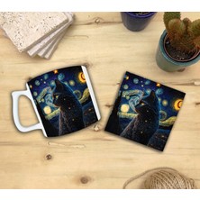 Harikapoli Kediler ve Sanat/van Gogh Yıldızlı Gece The Starry Night Set 10 - Yelken Fincan Kupa-Taş Bardak Altlığı 8