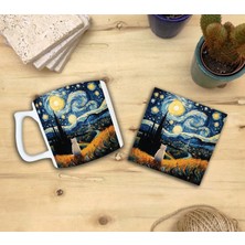 Harikapoli Kediler ve Sanat/van Gogh Yıldızlı Gece The Starry Night Set 10 - Yelken Fincan Kupa-Taş Bardak Altlığı 2
