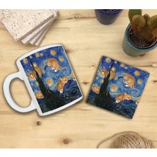 Harikapoli Kediler ve Sanat/van Gogh Set 8 - Yıldızlı Gece(Starry Night) Standart Kupa-Taş Bardak Altlığı 9