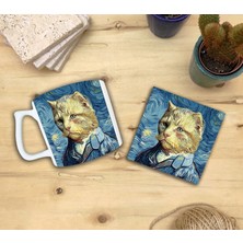 Harikapoli Kediler ve Sanat/van Gogh Yıldızlı Gece The Starry Night Set 10 - Yelken Fincan Kupa-Taş Bardak Altlığı 5