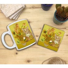 Harikapoli Kediler ve Sanat/van Gogh Set 8 - Vase With Fifteen Sunflowers (Onbeş Ayçiçekli Vazo) Standart Kupa-Taş Bardak Altlığı 10