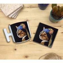 Harikapoli Kediler ve Sanat/johannes Vermeer Inci Küpeli Kız Set 9 - T Kulplu Fincan Kupa-Taş Bardak Altlığı 3