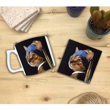 Harikapoli Kediler ve Sanat/johannes Vermeer Inci Küpeli Kız Set 10 - Yelken Fincan Kupa-Taş Bardak Altlığı 3