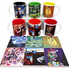Harikapoli Dali,Van Gogh,Picasso,Kandinsky,Klimt,Monet Tasarımlı 6'lı Renkli Kupa ve Taş Bardak Altlığı Seti