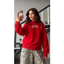 Elisin Kırmızı Yıkamalı Leopar Kabartma Detaylı Sweatshirt