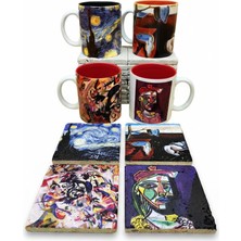Harikapoli Van Gogh, Dali, Picasso, Kandinsky İçi Renkli Kupa ve Traverten Bardak Altlığı 4'lü Hediyelik Set