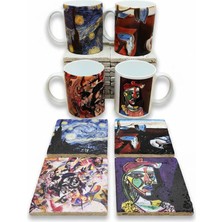 Harikapoli Dali, Van Gogh, Picasso, Kandinsky Tasarımlı 4'lü Kupa Bardak Mug ve Taş Bardak Altlığı Seti