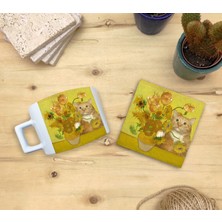 Harikapoli Kediler ve Sanat/van Gogh Set 4 - Vase With Fifteen Sunflowers (Onbeş Ayçiçekli Vazo) Fincan Kupa-Taş Bardak Altlığı 10