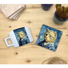 Harikapoli Kediler ve Sanat/van Gogh Yıldızlı Gece The Starry Night Set 4 - Fincan Kupa-Taş Bardak Altlığı 5