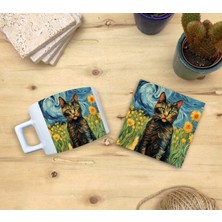 Harikapoli Kediler ve Sanat/van Gogh Set 4 - Çay/kahve Fincanı Kupa-Taş Bardak Altlığı 3