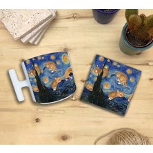 Harikapoli Kediler ve Sanat/van Gogh Set 9 - Yıldızlı Gece(Starry Night) T Kulplu Fincan Kupa-Taş Bardak Altlığı 9
