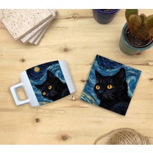 Harikapoli Kediler ve Sanat/van Gogh Yıldızlı Gece The Starry Night Set 4 - Fincan Kupa-Taş Bardak Altlığı 6