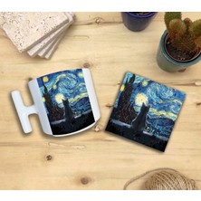 Harikapoli Kediler ve Sanat/van Gogh Yıldızlı Gece The Starry Night Set 9 - T Kulplu Fincan Kupa-Taş Bardak Altlığı 1