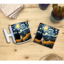 Harikapoli Kediler ve Sanat/van Gogh Yıldızlı Gece The Starry Night Set 9 - T Kulplu Fincan Kupa-Taş Bardak Altlığı 2
