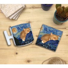 Harikapoli Kediler ve Sanat/van Gogh Set 9 - Yıldızlı Gece(Starry Night) T Kulplu Fincan Kupa-Taş Bardak Altlığı 9