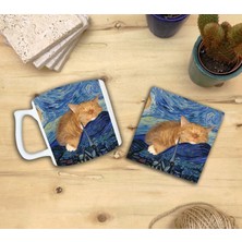 Harikapoli Kediler ve Sanat/van Gogh Set 10 - Yıldızlı Gece(Starry Night) Yelken Fincan Kupa-Taş Bardak Altlığı 9
