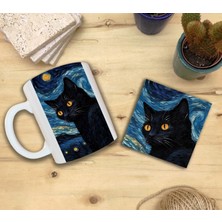 Harikapoli Kediler ve Sanat/van Gogh Yıldızlı Gece The Starry Night Set 8 - Standart Kupa-Taş Bardak Altlığı 6