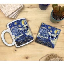Harikapoli Kediler ve Sanat/van Gogh Yıldızlı Gece The Starry Night Set 8 - Standart Kupa-Taş Bardak Altlığı 7