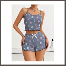 Nexora Living Kadın Gri Kalp Desenli Dantel Askılı Şortlu Pijama Takımı 5265 · Beden: S/m · Renk: Gri Nxrlvng