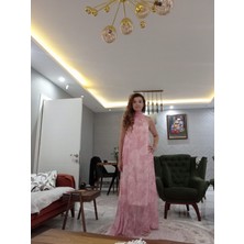 Zy Plus Pembe Halter Yaka Boydan A Kesim Şifon Desenli Elbise