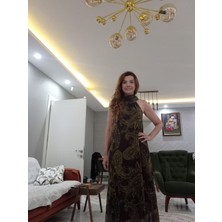 Zy Plus Kahverengi Halter Yaka Boydan A Kesim Şifon Desenli Elbise