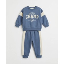 Salıncak 6-24 Ay Erkek Bebek Kışlık Ikili Takım – 3 Ip Şardonlu Baskılı Sweatshirt ve Şeritli Eşofman Altı Yenidoğan Erkek Bebek Takım