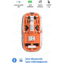 Marsilyan Bluetooth USB Çift Modlu Sessiz Mouse, Şeffaf Mıknatıslı Kapaklı, Type-C Şarjlı, Dpı Ayarlı, Kablosuz 10M Çekim Mesafeli, Masaüstü Kısayol Tuşlu, Taşınabilir Şarjlı Mouse Turuncu