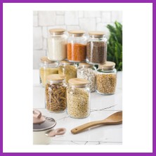 Salmore 9 Lu Set Bambu Kapaklı Cam Kavanoz & Erzak Saklama Kabı 800 ml Orta Boy ( Vakum Kapak ) Bty