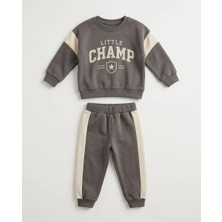 Salıncak 6-24 Ay Erkek Bebek Kışlık Ikili Takım – 3 Ip Şardonlu Baskılı Sweatshirt ve Şeritli Eşofman Altı Yenidoğan Erkek Bebek Takım