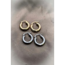 Roshel Çelik Kararmaz - 2 Çift Premium Bombeli Halka Küpe Oval Gold Altın Kalın Küpe Kadın Zincironline