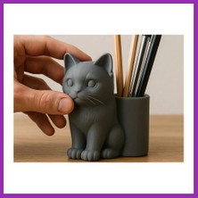 Salmore 3D Baskı Kedi Figürlü Kalemlik - Masaüstü Organizer - Gri Bty