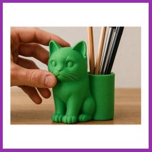 Salmore 3D Baskı Kedi Figürlü Kalemlik - Masaüstü Organizer - Yeşil Bty