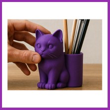 Salmore 3D Baskı Kedi Figürlü Kalemlik - Masaüstü Organizer - Mor Bty