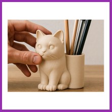Salmore 3D Baskı Kedi Figürlü Kalemlik - Masaüstü Organizer - Bej Bty