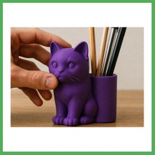 Astraltech 3D Baskı Kedi Figürlü Kalemlik - Masaüstü Organizer - Mor Bezoss