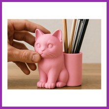 Salmore 3D Baskı Kedi Figürlü Kalemlik - Masaüstü Organizer - Pembe Bty