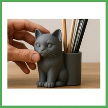 Astraltech 3D Baskı Kedi Figürlü Kalemlik - Masaüstü Organizer - Gri Bezoss