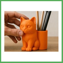 Astraltech 3D Baskı Kedi Figürlü Kalemlik - Masaüstü Organizer - Turuncu Bezoss