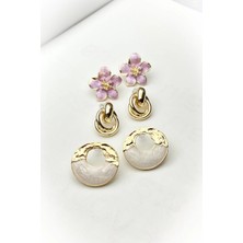 Roshel 3 Adet Gold Renk Mor Çiçek Formlu Set Küpe