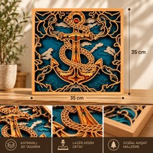 Tr 35X35 cm 3D Katmanlı Çapa Ahşap Duvar Tablosu | Denizci Marin Temalı Lazer Kesim Dekoratif Du