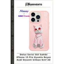 Delux Serisi Stil Sahibi iPhone 15 Pro Uyumlu Beyaz Kedi Desenli Silikon Kılıf 3D