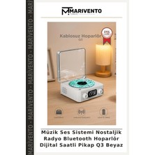 Müzik Ses Sistemi Nostaljik Radyo Bluetooth Hoparlör Dijital Saatli Pikap Q3 Beyaz