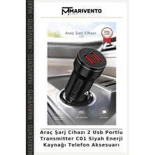 Araç Şarj Cihazı 2 USB Portlu Transmitter C01 Siyah Enerji Kaynağı Telefon Aksesuarı